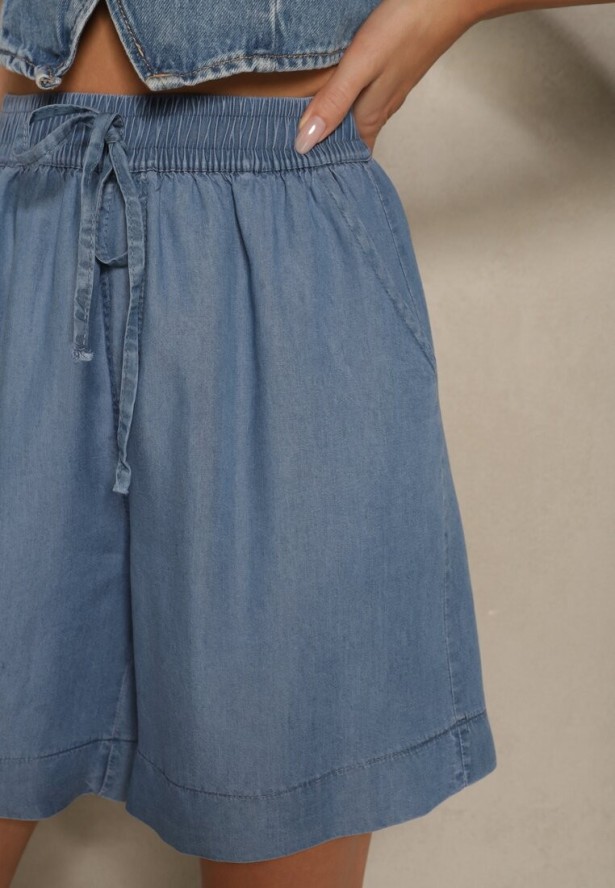 Jasnoniebieskie Szorty Bermudy z Bawełny z Kieszeniami i Gumką w Pasie Asmio