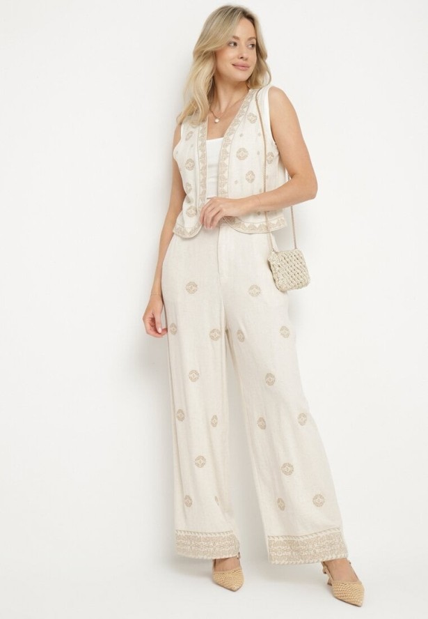 Beżowe Szerokie Spodnie z Lnem Wiskozą i Wysokim Stanem Ozdobione Haftem Borilna