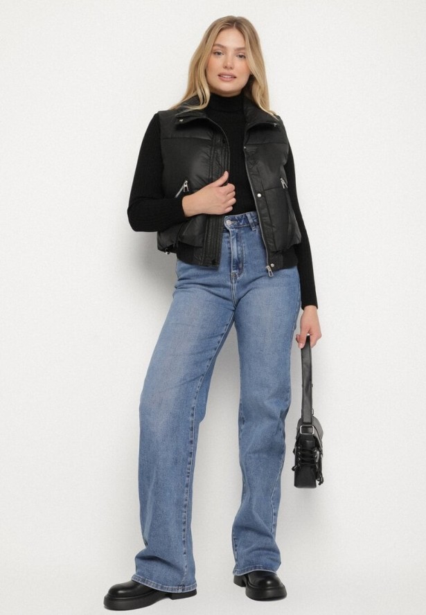 Czarna Pikowana Kamizelka Przejściowa z Imitacji Skóry Isokira