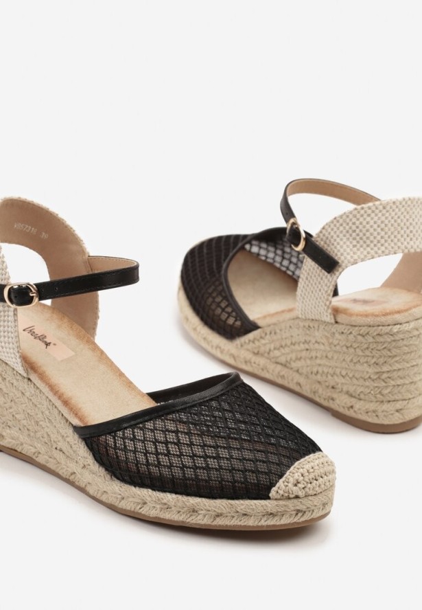 Czarne Sandały Espadryle na Koturnie z Plecionki z Siateczką Meranisea