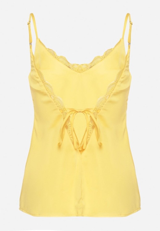Żółta Bluzka na Ramiączkach z Delikatną Koronką i Wiązaniem Deseniela