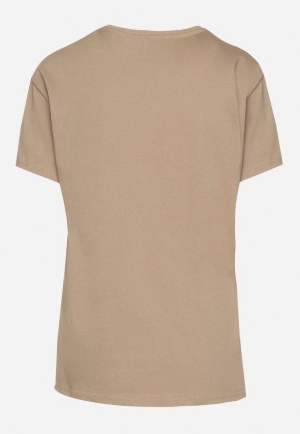 Beżowy T-shirt z Asymetrycznym Tyłem i Ozdobnym Haftem Ninissara