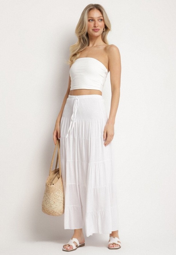 Biała Spódnica z Wiskozą z Wysokim Stanem i Falbanami Ellimee
