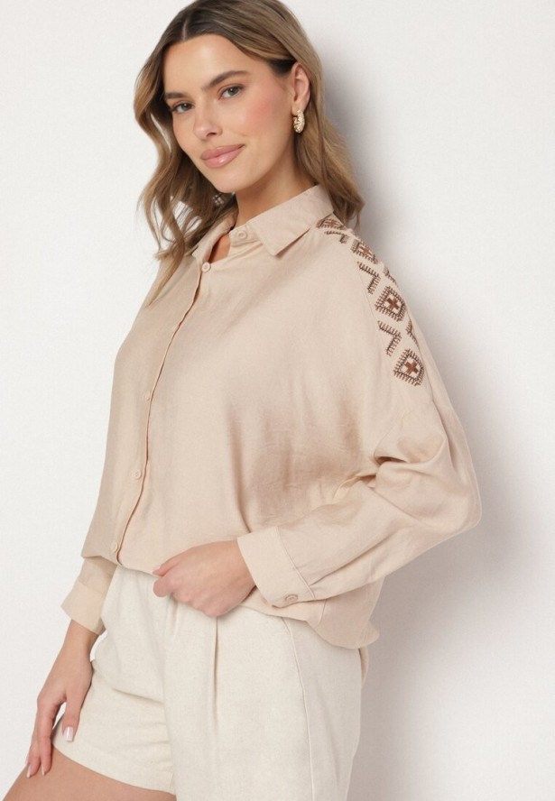 Beżowa Koszula Ozdobiona Haftem Ulosandria