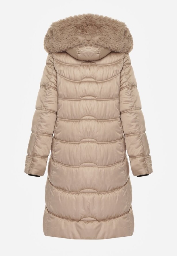 Beżowa Pikowana Kurtka Płaszcz za Kolano z Kapturem i Futerkiem Naelora