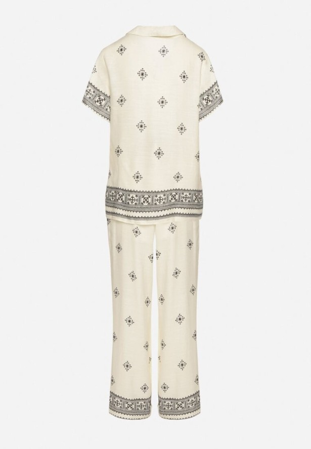 Jasnobeżowy Komplet z Wiskozy Bluzka z Krótkim Rękawem i Szerokie Spodnie Janavielle