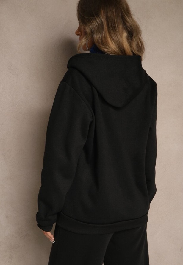 Czarna Bluza Rozpinana z Kapturem z Bawełną Ozdobiona Sznurkami Odiola