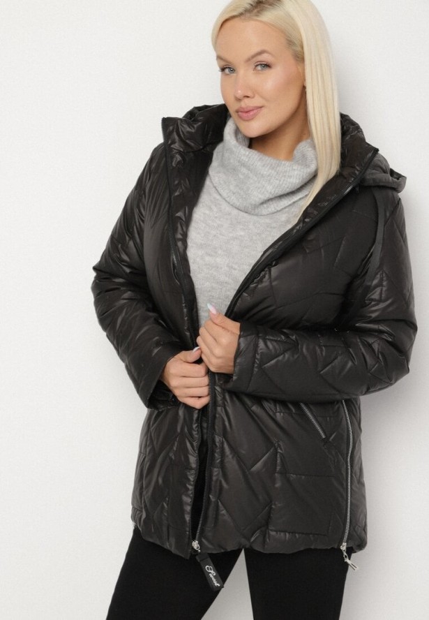 Czarna Pikowana Kurtka Ozdobiona Pikowaniem z Odpinanym Kapturem Falerosa