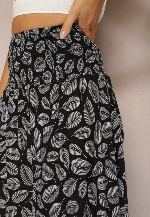 Czarne Bawełniane Spodnie z Szerokimi Nogawkami 7/8 i Gumką w Pasie Elenthe