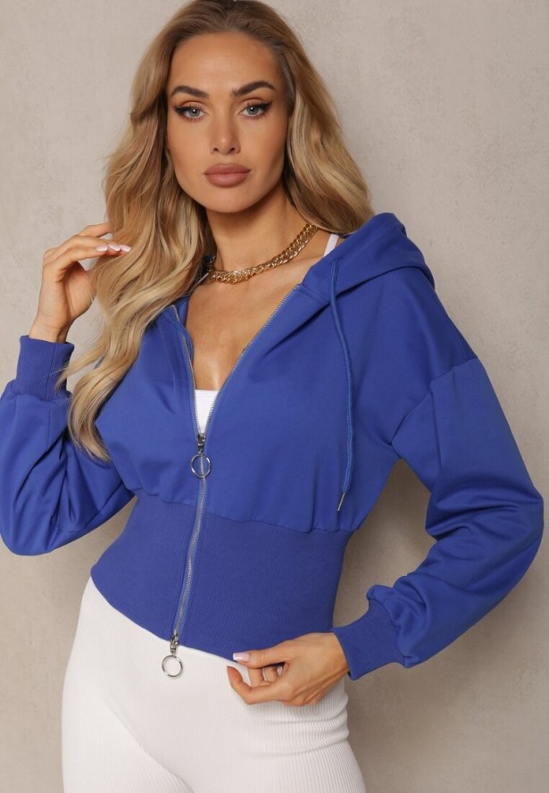 Granatowa Taliowana Bluza z Kapturem Zapinana na Zamek Błyskawiczny Vireapa