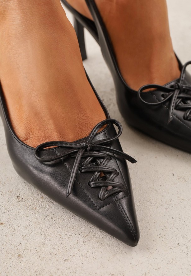 Czarne Szpilki VICES z Odkrytą Piętą i Ozdobnym Gorsetowym Sznurowaniem Aziruna