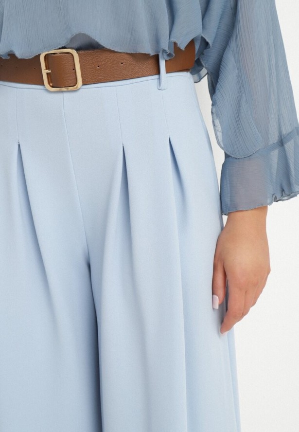 Jasnoniebieskie Szerokie Spodnie z Wysokim Stanem i Paskiem Rasalla