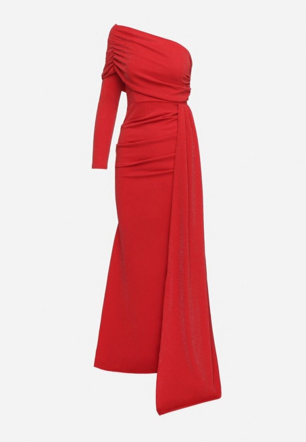 Czerwona Asymetryczna Sukienka Koktajlowa Ozdobiona Metaliczną Nicią i Trenem Emarielin