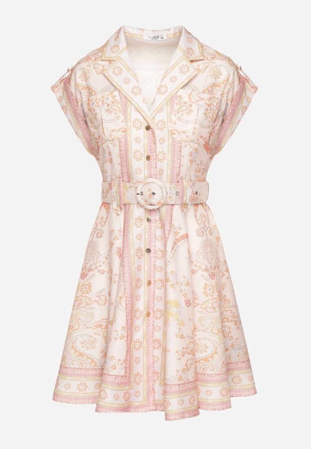 Różowa Wiskozowa Sukienka o Koszulowym Kroju z Paskiem z Klamrą Nitariela