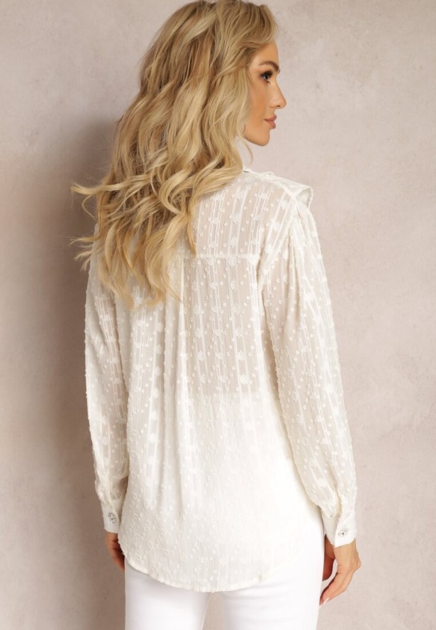 Jasnobeżowa Koszula Plumeti z Falbanką i Metaliczną Nitką Eutria