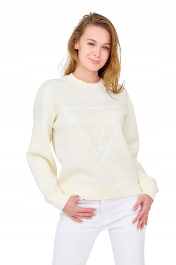 GUESS Damska bluza w kolorze ecru z dużym logo, Rozmiar L