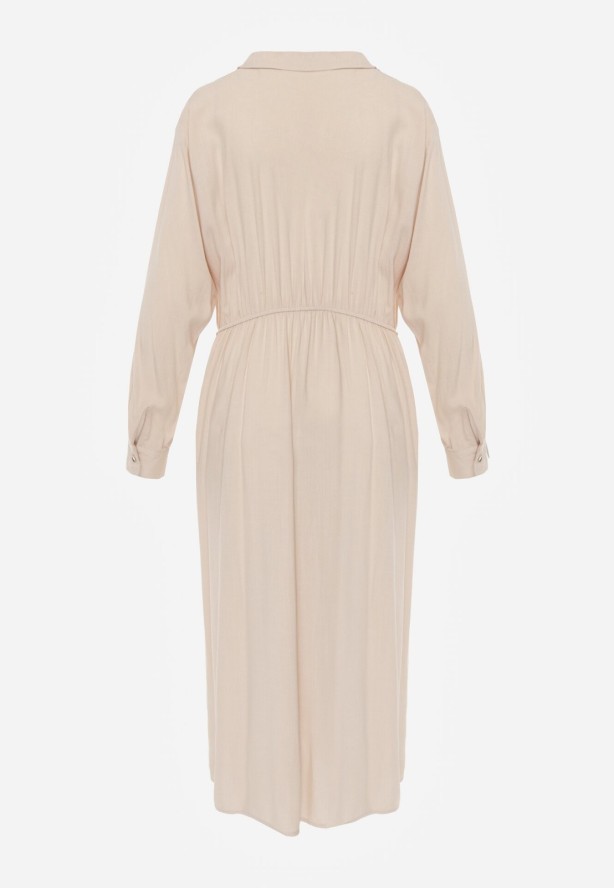 Beżowa Wiskozowa Sukienka Koszulowa z Marszczeniem i Guzikiem w Talii Lennatha