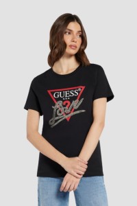 GUESS Czarny damski t-shirt bawełniany Love Tee, Rozmiar XS