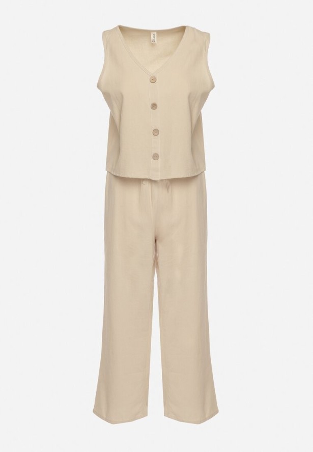 Jasnobeżowy Komplet Bawełniany Koszulka bez Rękawów z Guzikami Spodnie z Gumką w Pasie Juliancella