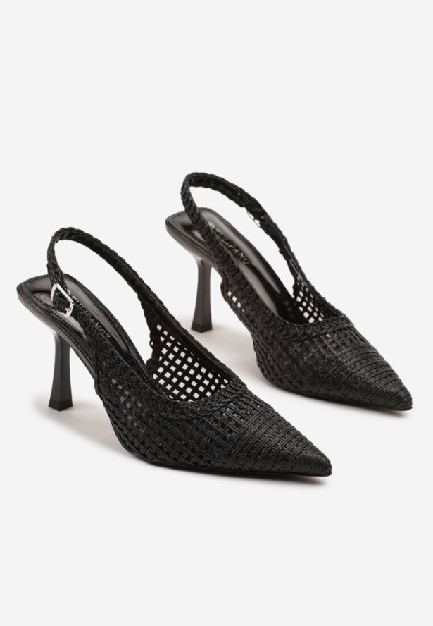 Czarne Sandały na Szpilce Typu Slingback Ozdobione Plecionką Meranoria