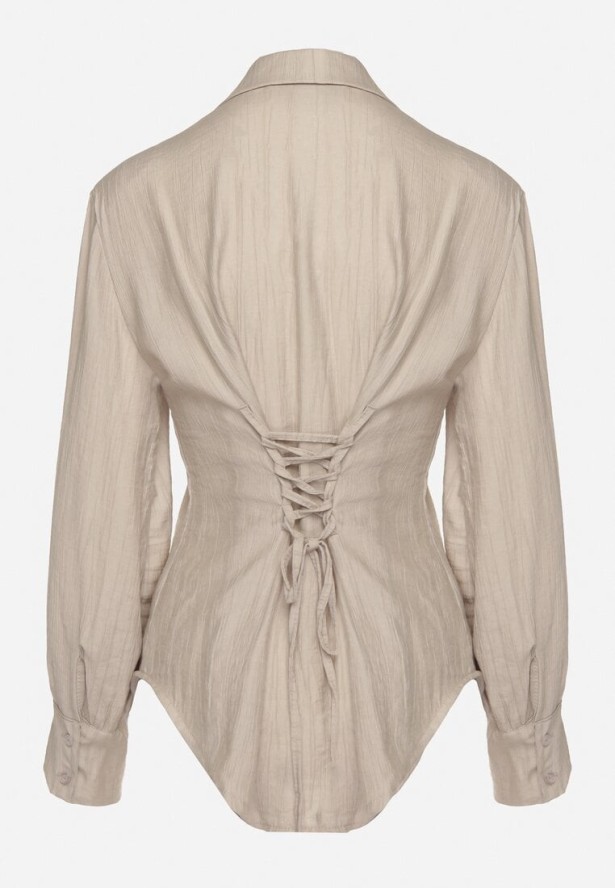 Ciemnobeżowa Koszula z Usztywnionymi Ramionami Ozdobiona Sznurkiem Meroriela