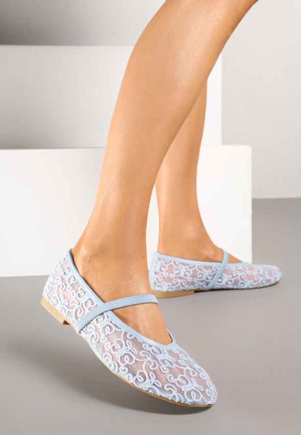 Niebieskie Przezroczyste Balerinki Vices Ozdobione Paskiem i Haftem Niloretia