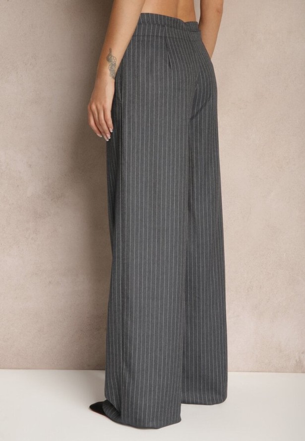 Ciemnoszare Spodnie z Wiskozą w Garniturowym Stylu z Kieszeniami i Wiązaniem Seviara