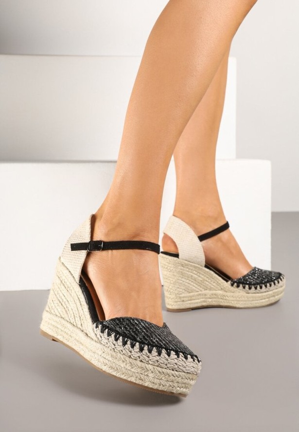 Czarne Sandały Espadryle z Plecionką na Koturnie Weanise