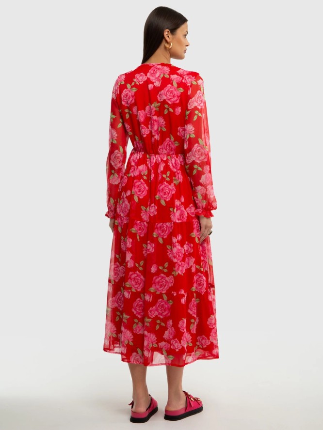 Sukienka damska midi z motywem kwiatowym czerwona Malini 603