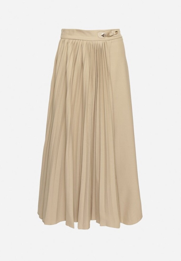 Jasnobeżowa Trapezowa Spódnica Plisowana z Wiskozą Ozdobiona Klamrą Calemi