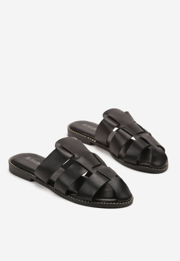 Czarne Klapki w Stylu Muli z Przeplataną Cholewką Zariette