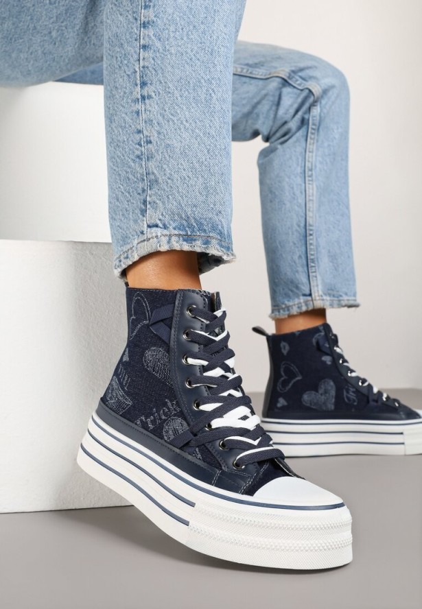 Granatowe Trampki na Grubej Podeszwie w Serduszka za Kostkę Umirana