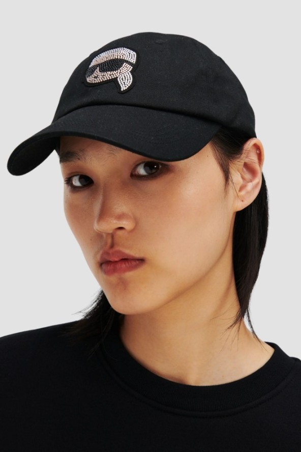 KARL LAGERFELD Czarna damska czapka z daszkiem Ikon Rhinestones