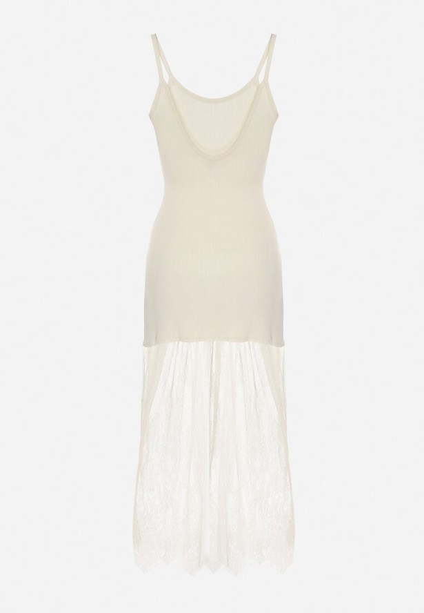 Beżowa Prążkowana Sukienka Koktajlowa Ozdobiona Koronką Sonalitea