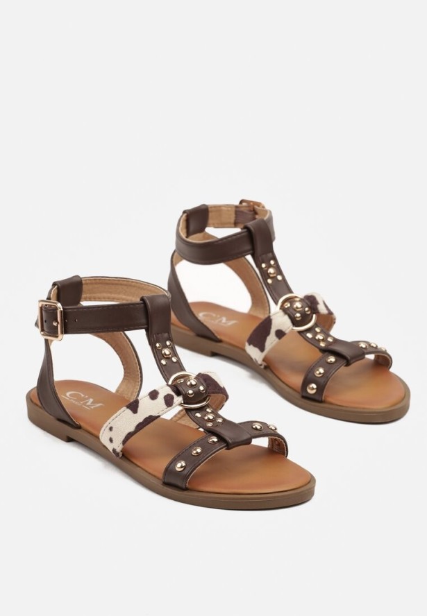 Brązowe Sandały Gladiatorki Zdobione Nitami Valritia