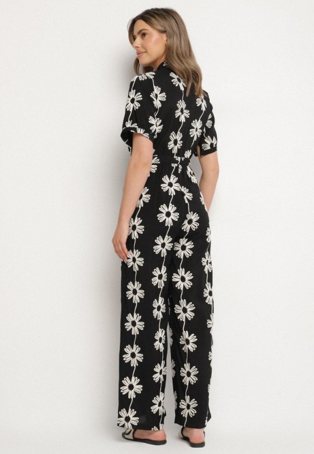 Czarny Wiskozowy Kombinezon o Koszulowym Kroju z Krótkim Rękawem i Kieszeniami Milaviela