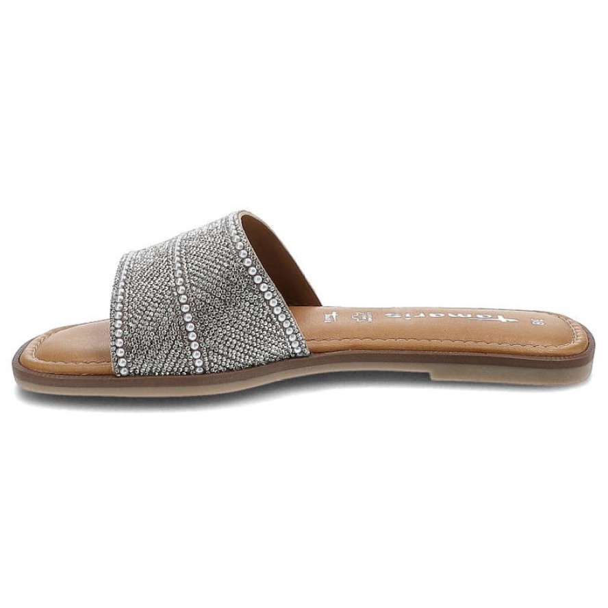 Klapki damskie Tamaris, ze skóry naturalnejprofilowanej wkładce i płaskim obcasie, białe glam, 1-27127-28-172