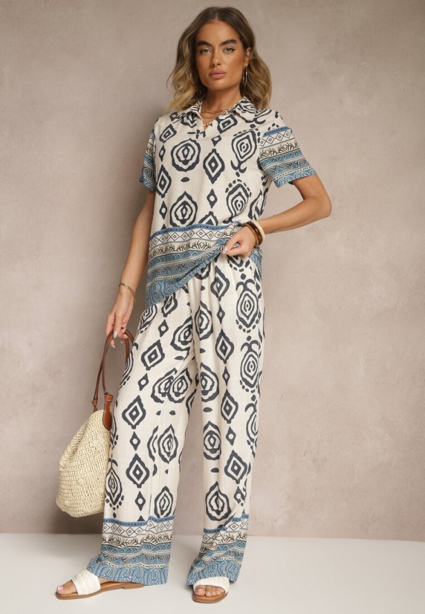 Niebieski Komplet z Wiskozy Luźne Spodnie i Bluzka w Print Boho Ralkio