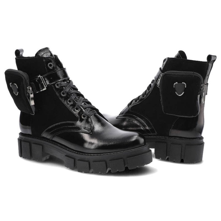 Czarne Botki Pollonus Damskie Skórzane Obuwie