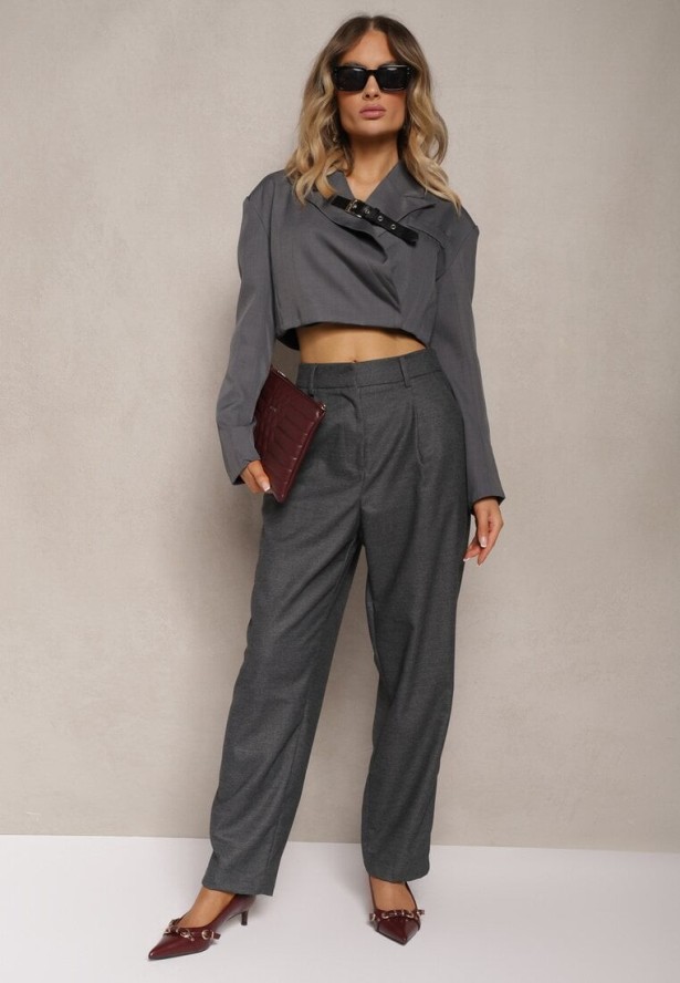 Ciemnoszare Szerokie Spodnie z Kieszeniami o Garniturowym Kroju Verati