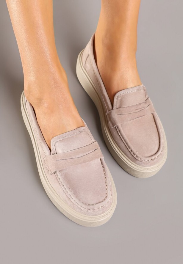 Beżowe Mokasyny na Grubej Podeszwie z Wkładką ze Skóry Naturalnej Polvia