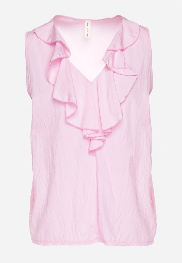 Różowa Bluzka z Wiskozą Zdobiona Falbaną przy Dekolcie Palissea