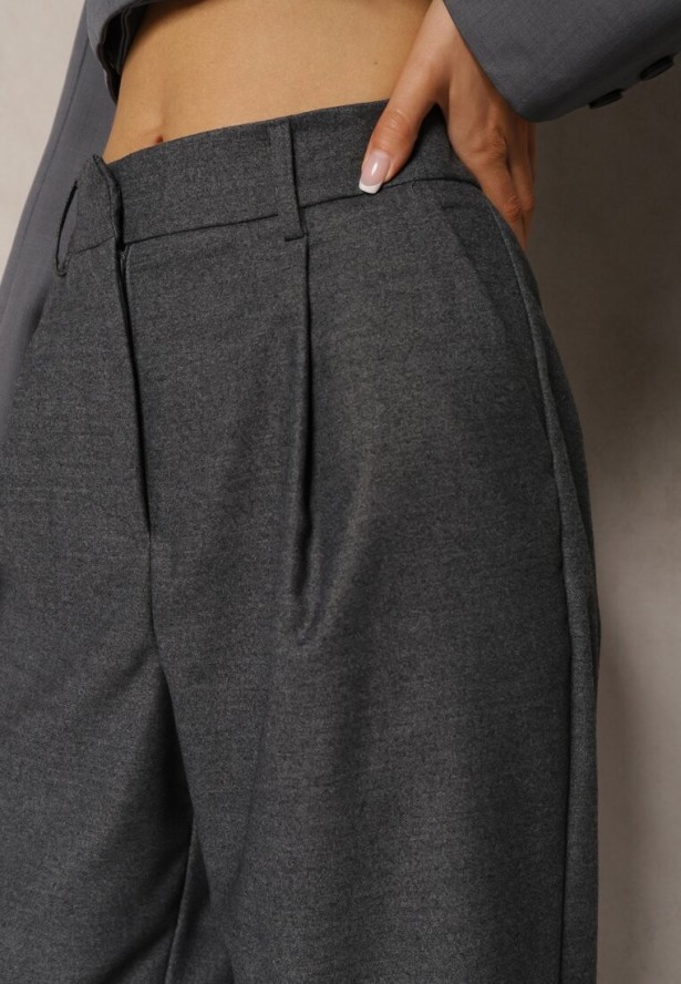 Ciemnoszare Szerokie Spodnie z Kieszeniami o Garniturowym Kroju Verati