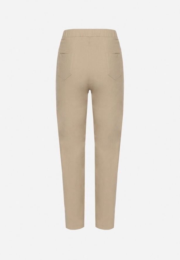 Ciemnobeżowe Spodnie z Bawełny Ozdobione Sznurkami Fenarnia