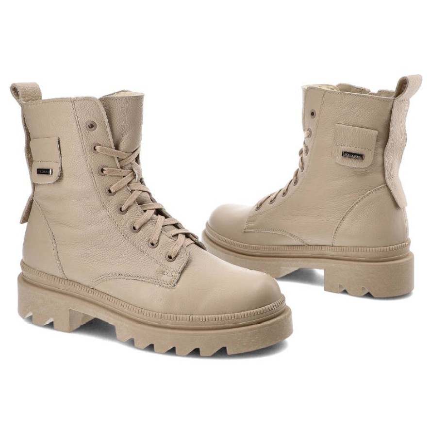 Beżowe Botki Pollonus Skórzane Ocieplane Buty Damskie