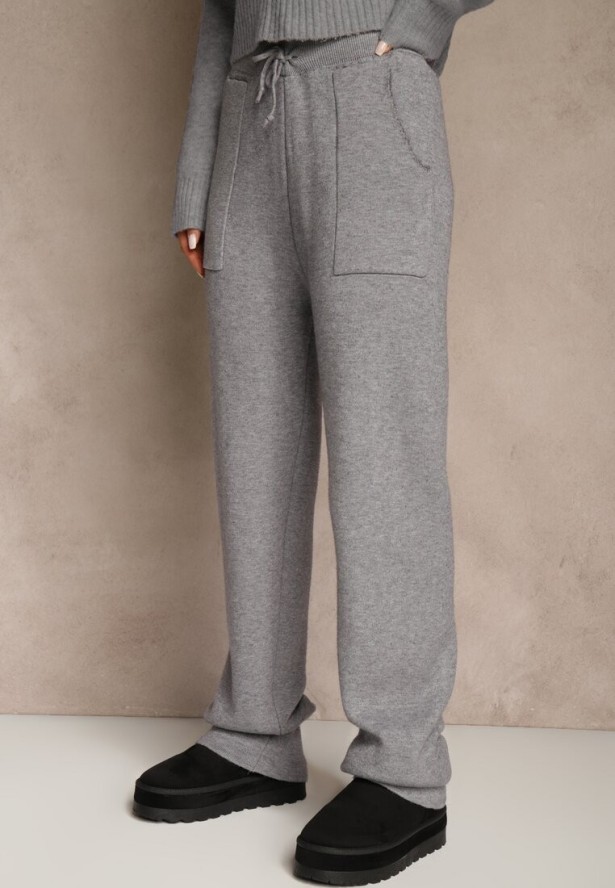 Szare Spodnie z Wełną ze Sznurkiem i Ozdobnymi Kieszeniami Moneressa