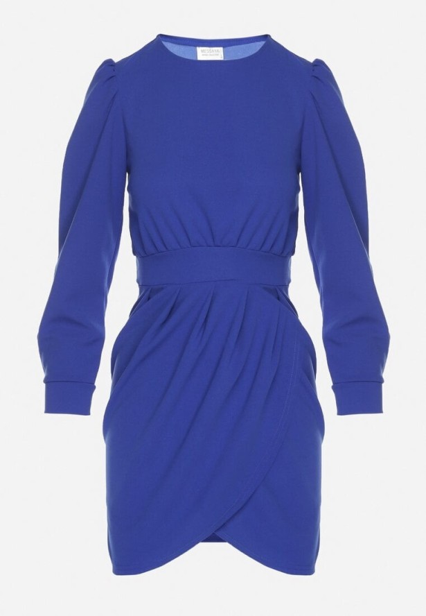 Niebieska Sukienka z Marszczeniem i Bufiastymi Rękawami Redenia