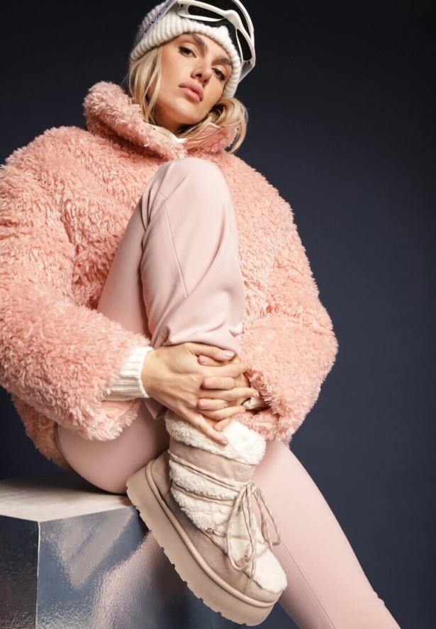 Beżowe Futerkowe Śniegowce Sznurowane na Grubej Podeszwie Werira