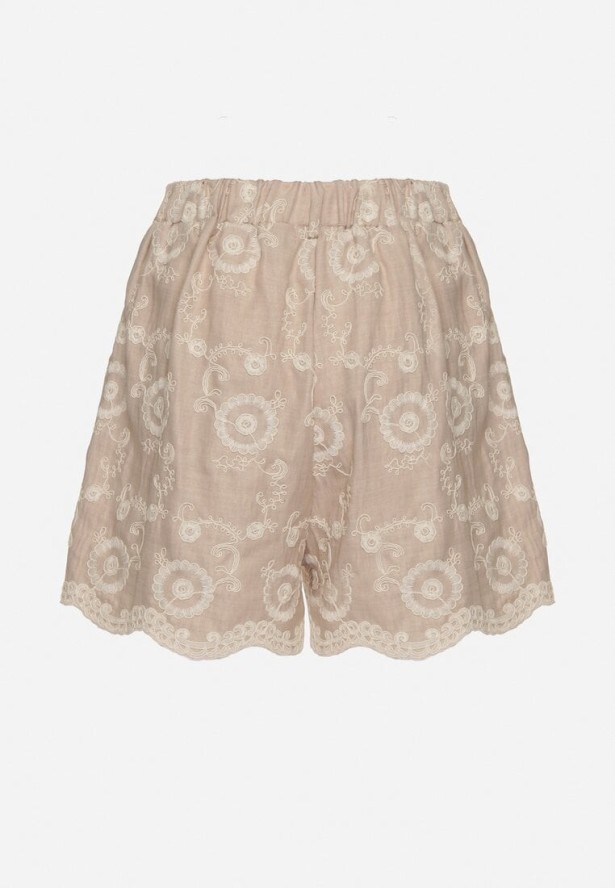 Beżowe Bawełniane Szorty o Luźnym Kroju w Kwiatowy Haft Velriza