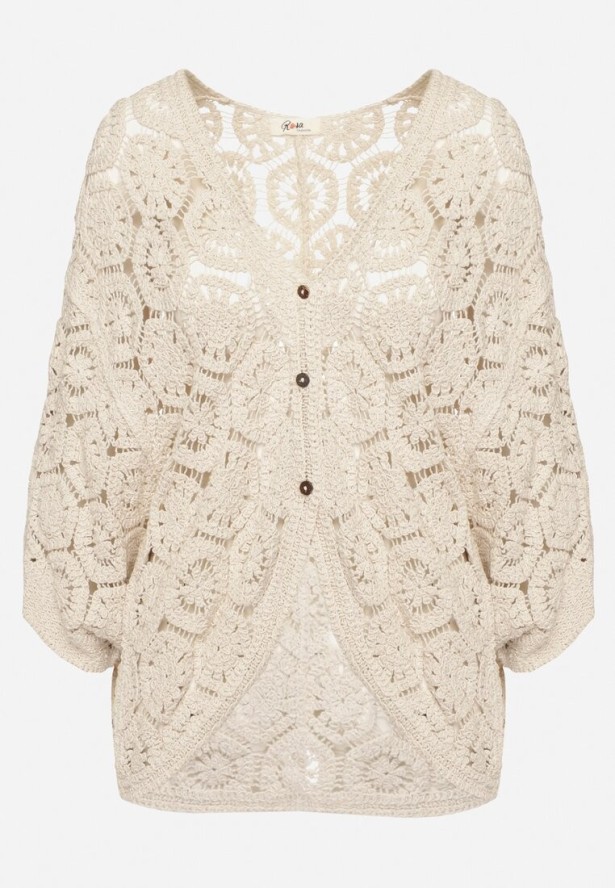 Beżowy Bawełniany Kardigan Narzutka Zapinana na Guziki Nelvitela